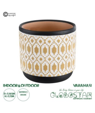 GloboStar® Artificial Garden VARANASI 20524 Διακοσμητικό Κεραμικό Κασπώ Γλάστρα - Flower Pot Χρυσό με Λευκό και Μαύρο Φ14.5 x Υ13cm